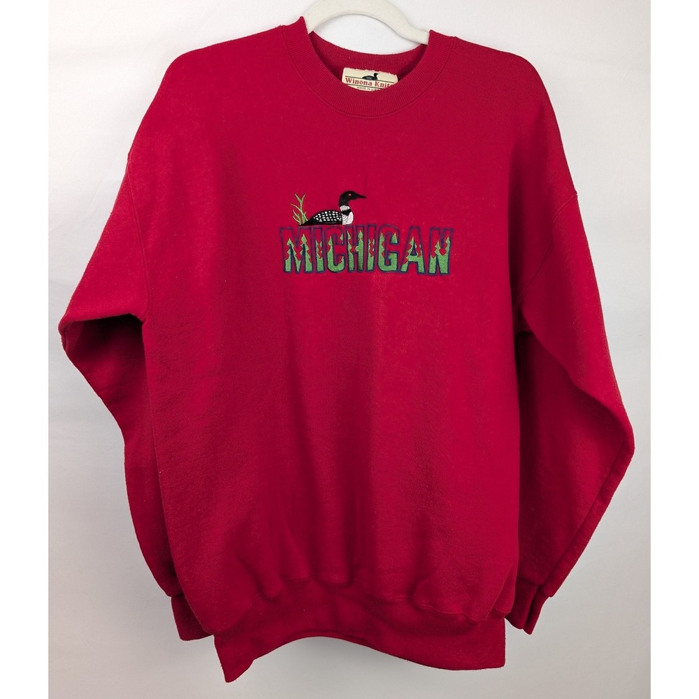 Vintage 90s Michigan Loon Embroidered Sweatshirt Mens XL Red Graphic Retro Lake
